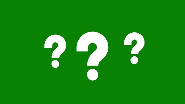 Motion graphic animation, confused effect raining question mark, chroma key glowing white effect on green screen background, question mark animation, 4k.