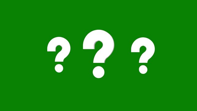 Question mark animation, confused effect raining question mark, chroma key glowing white effect on green screen background, motion graphic animation, 4k.