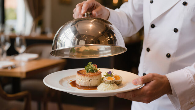 Chef presenting gourmet dish under silver cloche lid.