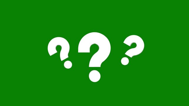 Question marks with a green screen background, question marks comes forward or popping up for thinking, barnstorming, planning, problem solving situation vertical looping animation.