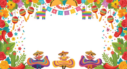 Fototapeta premium Group of Mexican folk dancers in floral border frame with pinatas and maracas.