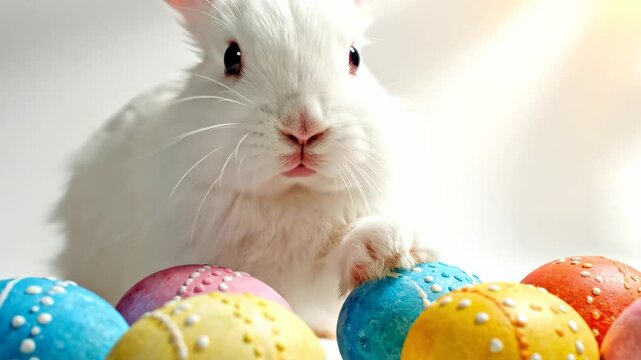 An adorable fluffy Easter bunny with pink ears and curious wide eyes peeks playfully beside a cluster of decorated Easter eggs against a clean white transparent background.