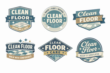 Obraz premium Collection of design elements for floor cleaning services, presenting six retro-style logos with shiny tiled floors