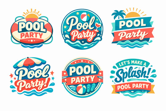 Pool party badge collection featuring summer fun and vacation elements with water splashes, sun, and inflatable ring designs