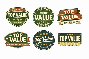 Obraz premium Collection of top value badges featuring best deal, best price, saving, and quality concepts for retail promotions