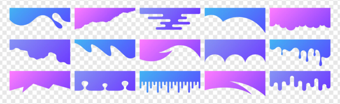 Separator header, section divider wavy shape set for website, app, web page. Modern bottom, top border, headline flat design elements or footers with wavy lines, drips, drops on transparent background