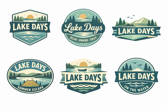 Lake days emblems collection featuring scenic nature landscapes, outdoor recreational badges for summer travel and adventure