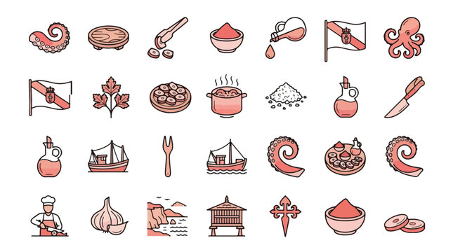 Galician Octopus Cuisine Icon Set in Line Style. A collection of Linear Icons, including tentacle, paprika, oil, salt, flag, platter, knife, chef, boat, garlic, h??rreo, cross