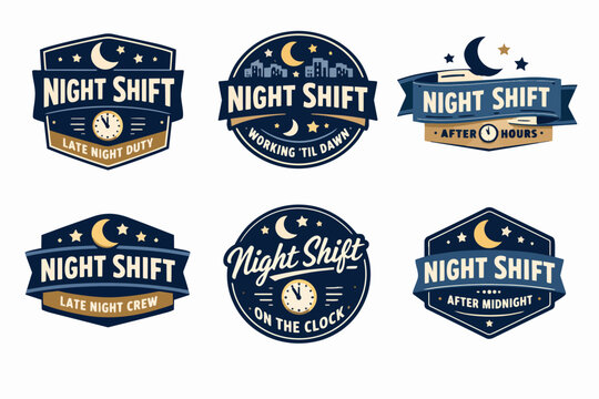 Set of vector designs visualizing the concept of night shift, long hours, and occupational themes using moon, stars, and clock graphics