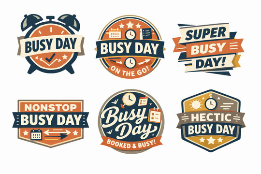 Busy day badges and stickers collection representing time management, productivity, planning, and packed schedules