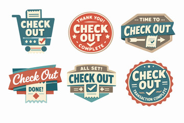 Obraz premium Set of check out badges with shopping carts, arrows, and receipts, indicating complete transactions and payment processes