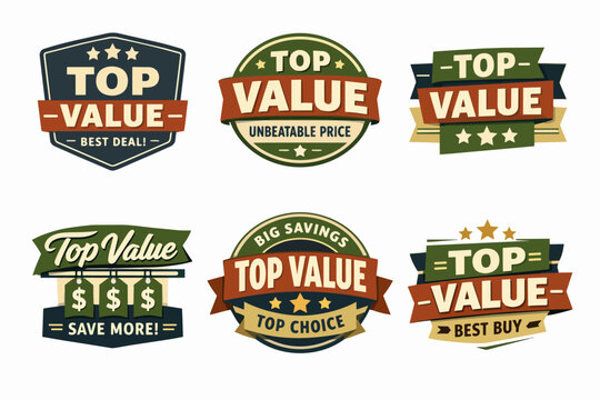 Top value labels and badges vector set. Offering best deal, savings, unbeatable price, and top choice emblem collection