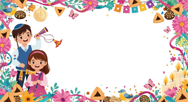 Jewish children holding gragger noisemaker and colorful mask celebrating Purim festival with traditional cookies and floral frame.