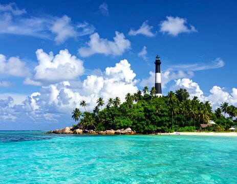 A picturesque tropical island displays lush greenery, palm trees, and a striking black and white lighthouse under a brilliant blue sky