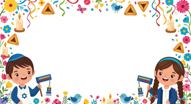 Jewish boy and girl holding traditional gragger noisemakers for Purim holiday celebration with cookies and floral border frame.
