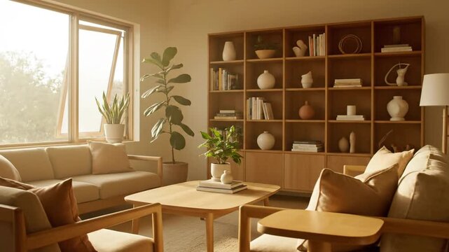 Sunny modern living room with plants and wood furniture
