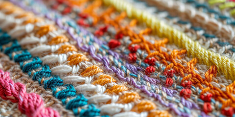 Fototapeta premium Extreme close up of colorful embroidery stitches showing rich thread texture, layered needlework details, and vibrant handmade textile craftsmanship