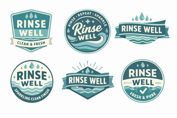 Obraz premium Rinse well cleaning product brand badges and labels design collection with water drops, waves, and freshness concepts