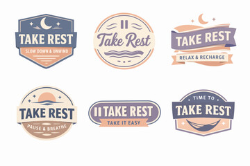 Fototapeta premium Take rest label collection for pause, relax, unwind, and recharge concepts, featuring vintage badges with text and simple icons
