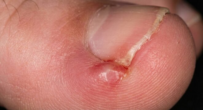 Close-up of inflamed ingrown toenail with paronychia