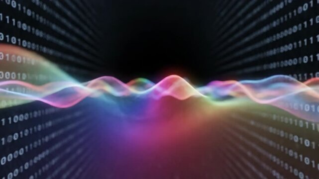 Abstract digital data stream with colorful light waves and binary code