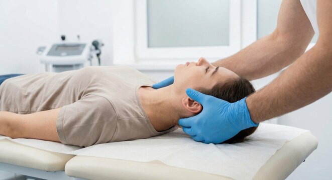 Therapist performing manual neck mobilization on patient