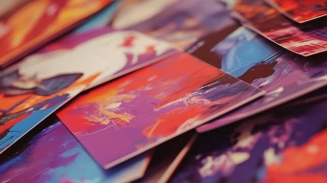 A vibrant stack of colorful flyers with abstract designs, showcasing promotional printing details and artistic patterns