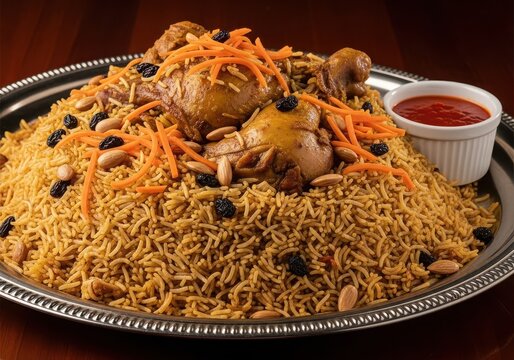 Traditional kabsa rice with roasted chicken, almonds, and raisins