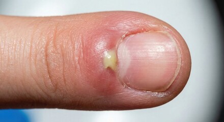 Fototapeta premium Close up of finger with paronychia infection and pus