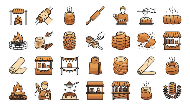 Chimney Cake Icon Set in Filled Outline Style. A collection of Trdelnik linear icons, including fire, dough, sugar, cinnamon, stall, rolling pin, nuts, paper bag, wood, baker