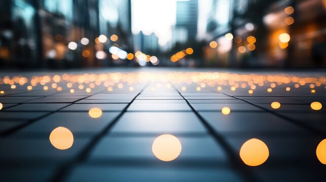 Blurry urban park lights at night, city skyline in background, abstract bokeh effect showcasing energy and illumination.