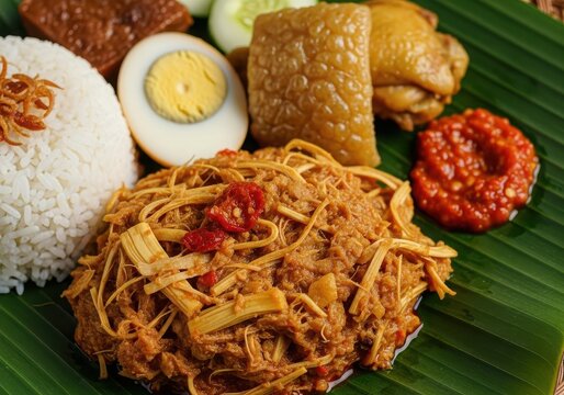 Gudeg jogja, traditional javanese jackfruit stew served with rice and side dishes