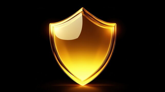 Golden shield icon representing cybersecurity and data protection with soft overhead lighting on a dark background.