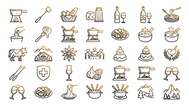 Fondue and Swiss Cuisine Icon Set in Golden Linear Style. A collection of Alpine food linear icons, including cheese, caquelon, burner, bread, cow, chalet, edelweiss, mountain, garlic
