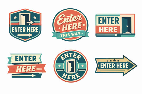 Vintage enter here directional signs collection with doors and arrows, guidance for access and navigation