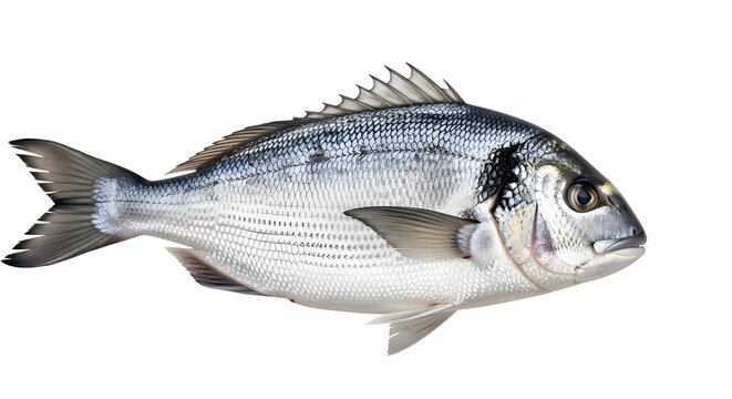 Fresh sea bream fish on white background, whole raw gilthead bream with silver scales, uncooked mediterranean seafood for culinary cooking