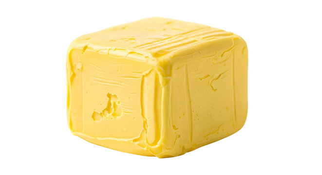 Fresh yellow butter cube isolated on white background, creamy dairy product block, natural organic butter piece for cooking and baking