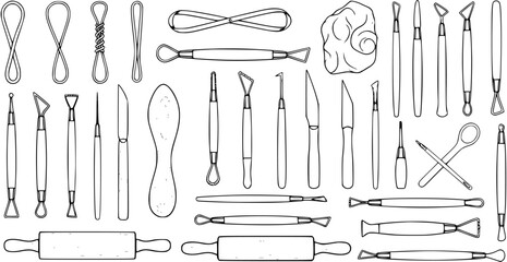 Ceramics Pottery Sculpting Tools Black and White Line Art Vector Set. Hand-drawn Clay Modeling Knives, Loop Tools, and Rolling Pin Collection. © victoria