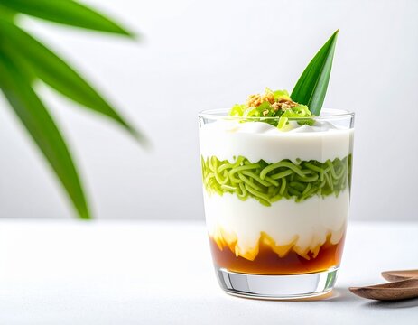 Fresh Es Cendol / Dawet in a clear glass, green cendol noodles, white coconut milk, brown palm sugar syrup at the bottom, arranged neatly on the left side of a white background