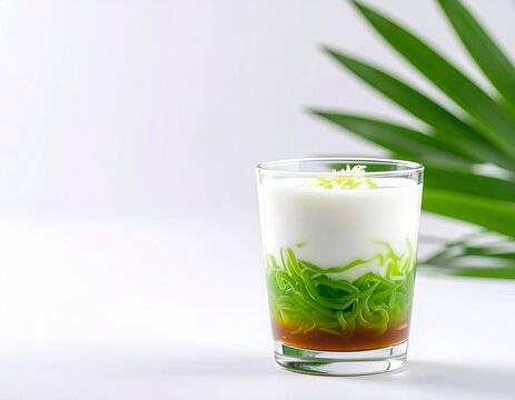 Fresh Es Cendol / Dawet in a clear glass, green cendol noodles, white coconut milk, brown palm sugar syrup at the bottom, arranged neatly on the left side of a white background