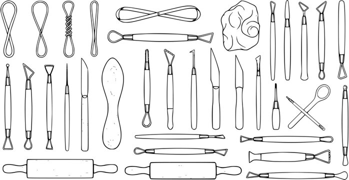 Ceramics Pottery Sculpting Tools Black and White Line Art Vector Set. Hand-drawn Clay Modeling Knives, Loop Tools, and Rolling Pin Collection.