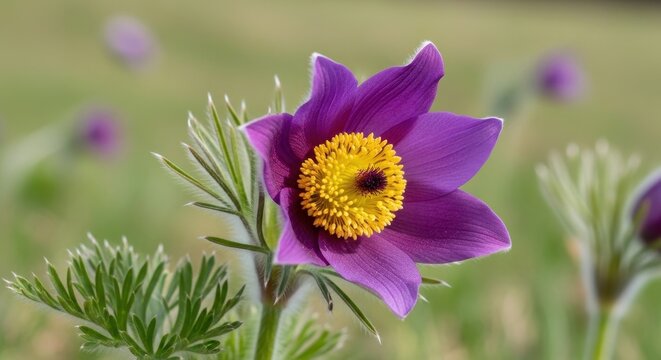 Close-up of a vibrant purple Pasque flower blooming in natures embrace.