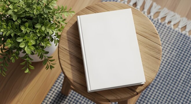 Blank book cover mockup on a wooden stool next to a green plant