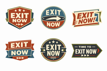 Obraz premium Collection of vintage exit now badges displaying urgent messages about departure and time sensitive alerts