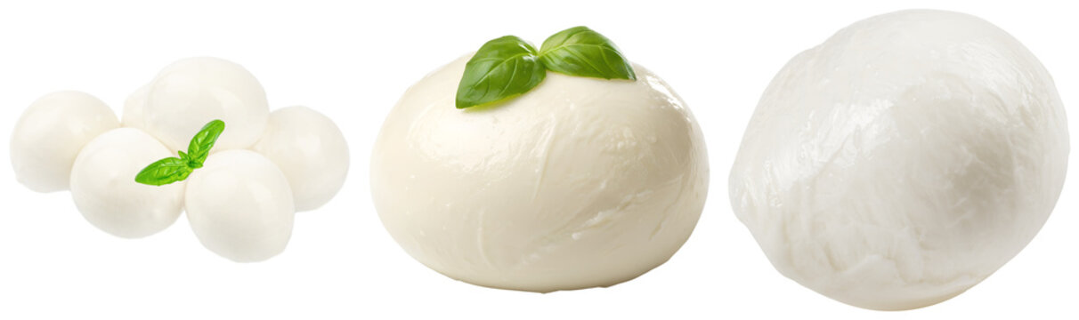 Delicious fresh mozzarella cheese assortment photograph, isolated on a transparent background.