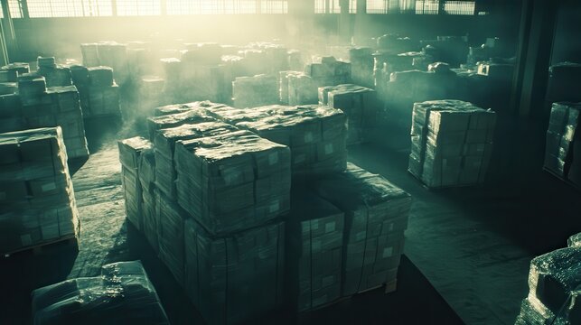 Vast Stacks of Unused Packaging Materials in a Dusty Shipping Warehouse Symbolizing Overproduction and Consumerism