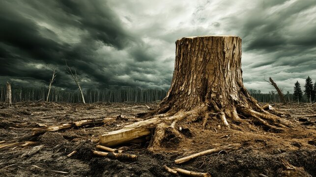 Massive tree stump with exposed roots in a barren, deforested landscape under a stormy sky
