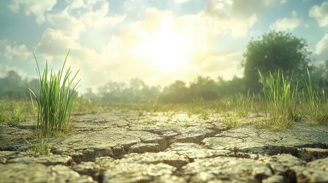 Parched cracked earth in a sun-drenched rural landscape, highlighting severe drought and water scarcity.