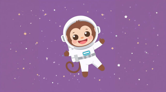 A cute cartoon monkey in a white astronaut suit floating in space