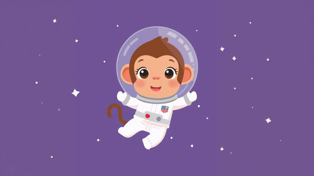 A cute cartoon monkey in a white astronaut suit floating in space